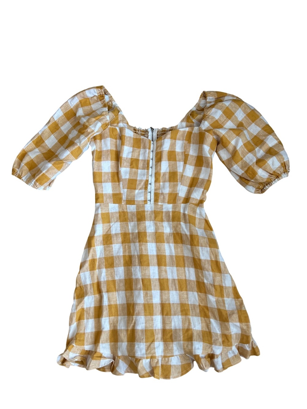 Reformation Yellow Gingham Puff-Sleeve Dress